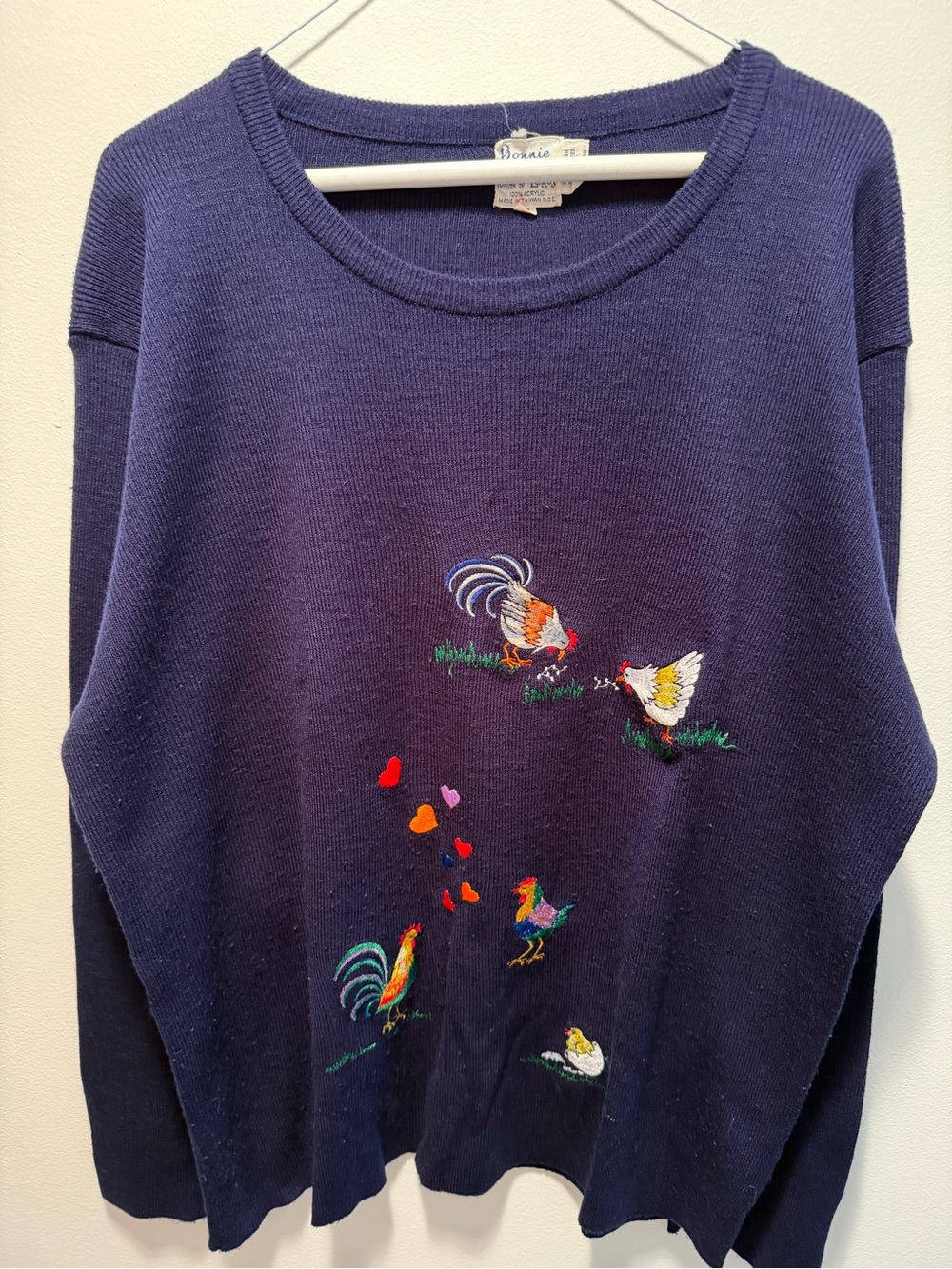 Vintage Bonnie Lee Navy Crewneck Sweater with Embroidered Rooster Motif